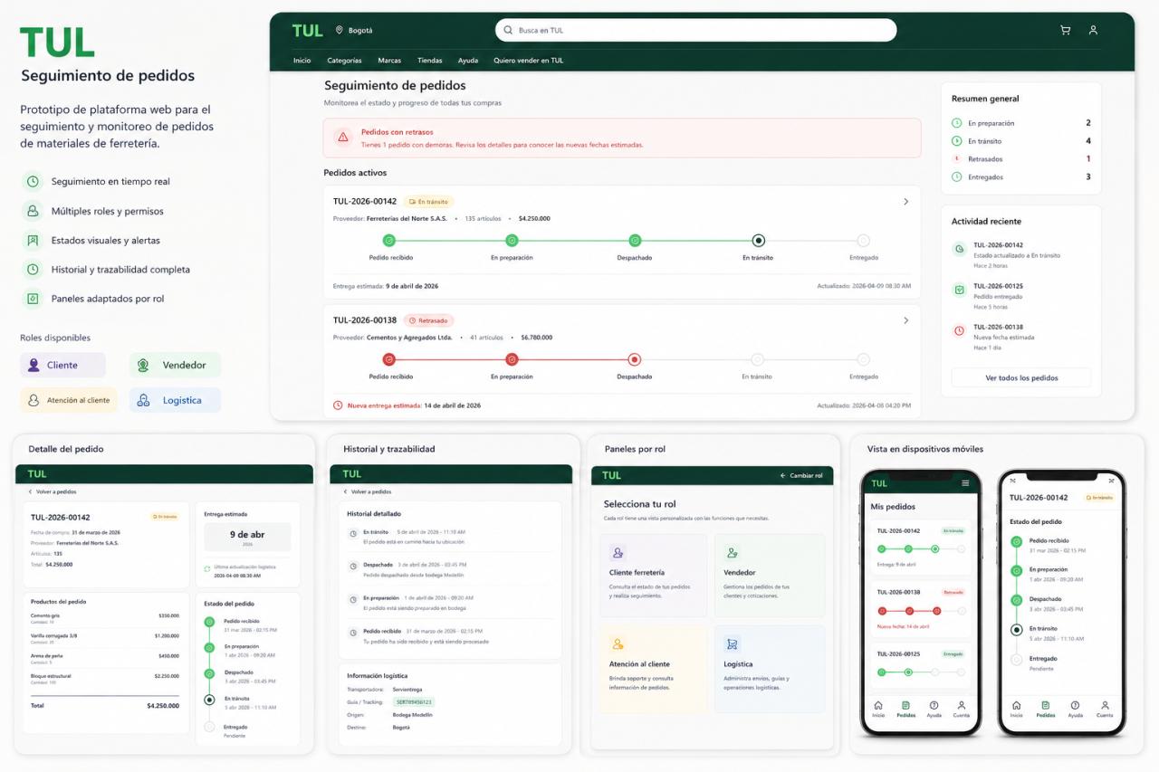 Prototipo de Seguimiento de Pedidos TUL Prototipo TUL — dashboard de pedidos activos, detalle con historial, paneles por rol y vistas móviles
