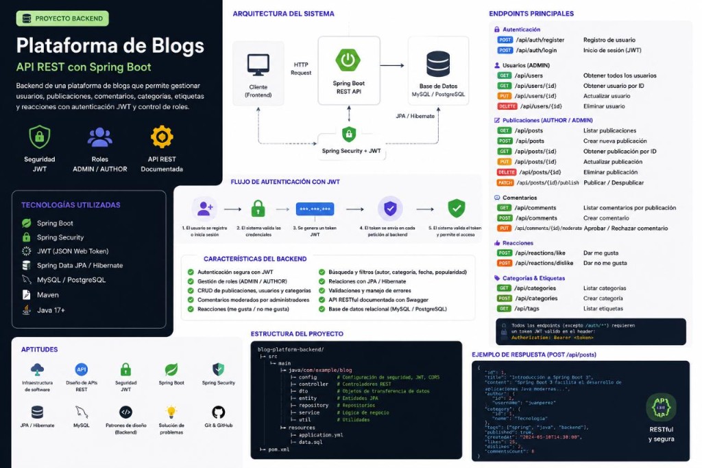 Plataforma de Blogs Diagrama técnico: arquitectura Spring Boot, JWT, endpoints REST y modelo de datos del blog