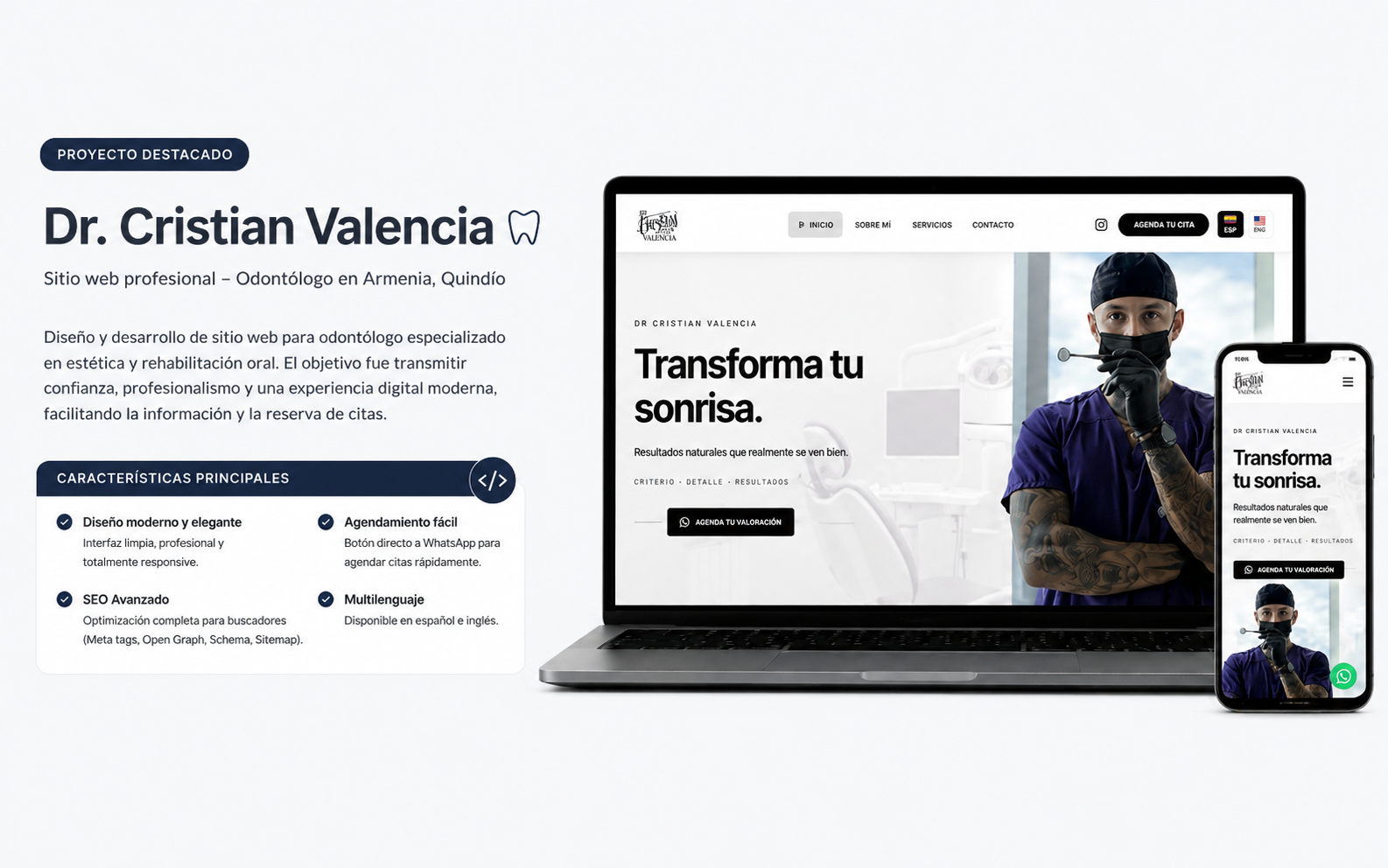 Dr. Cristian Valencia — Sitio web odontológico Armenia Quindío Dr. Cristian Valencia — showcase del sitio con mockups desktop y móvil, SEO, WhatsApp y multilenguaje