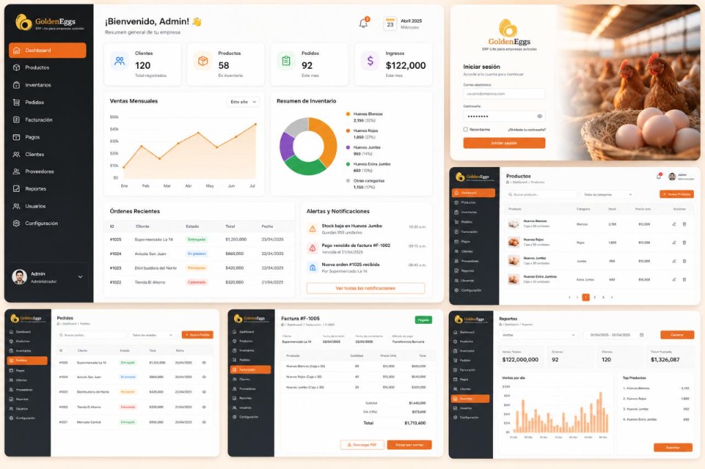 Golden Egg Golden Egg ERP — pantallas de panel, inventario, pedidos, facturas e informes