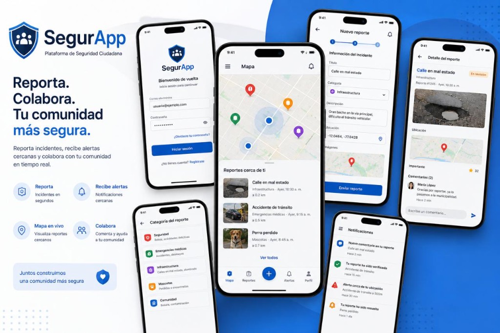 SegurApp SegurApp — mockups con mapa de reportes, inicio de sesión, categorías y notificaciones